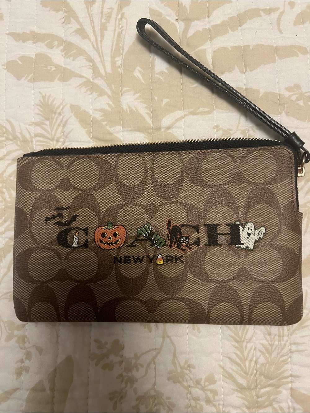 Coach Brown Signature Halloween Wristlet with Pumpkin and Ghosts